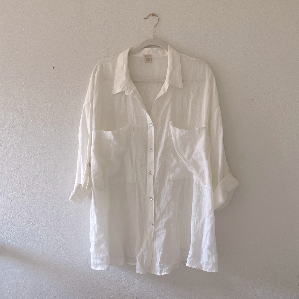 Magaschoni Linen Shirt Button Up Casual Coastal Beach White Artsy Minimalist